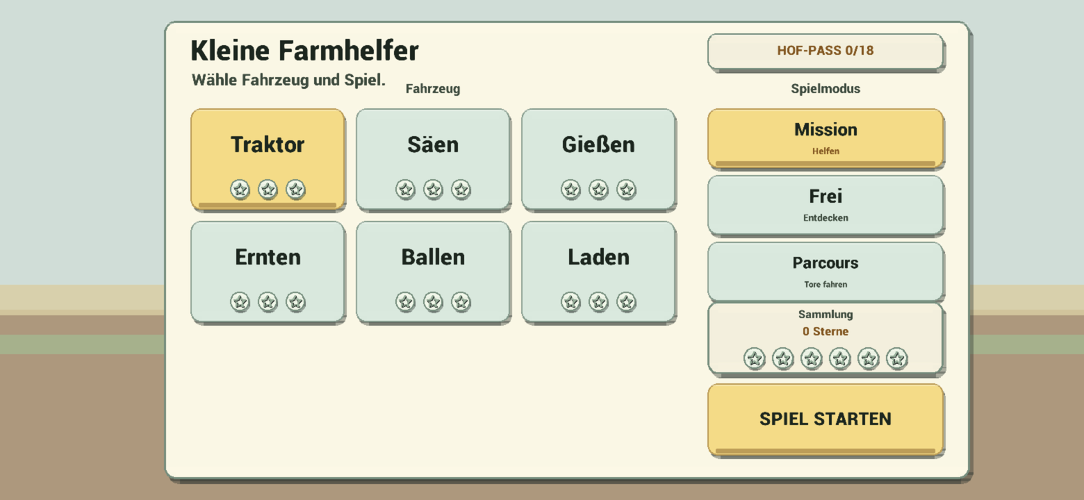 Fahrzeug- und Spielmodusauswahl mit großen Feldern