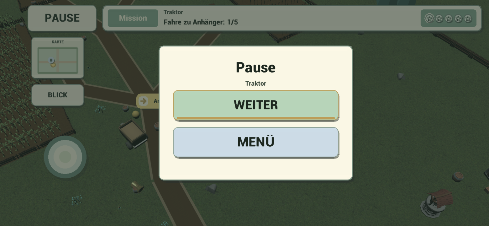 Pause-Menü mit Weiter- und Menü-Button