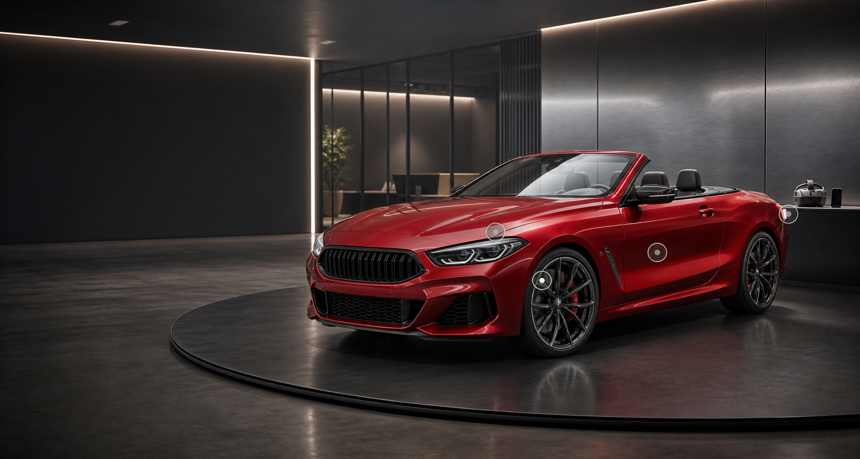 Realistisches rotes Cabriolet in einem dunklen Autohaus Showroom mit dezenten Reparaturmarkern
